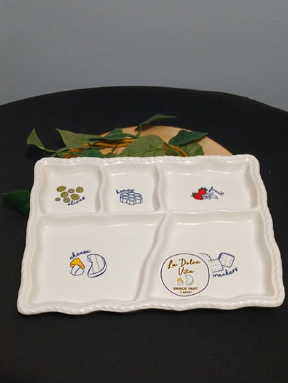 Dolce Vita Cream Ceramic Sectioned Appetizer Platter with Food Illustrations NWT